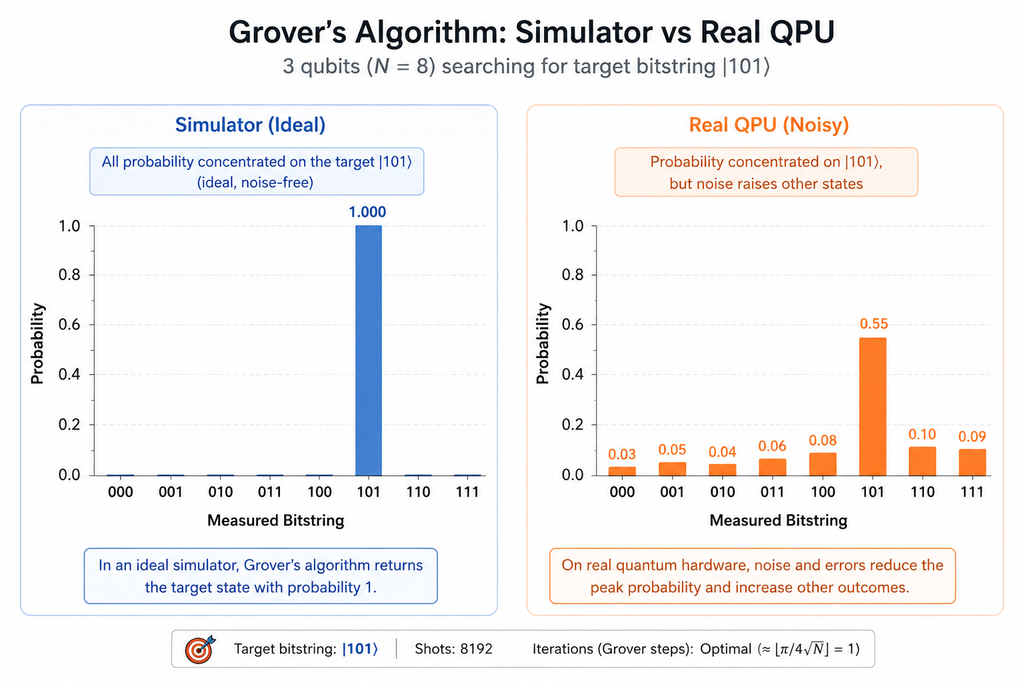 grover's algoritham simulator vs real qpu