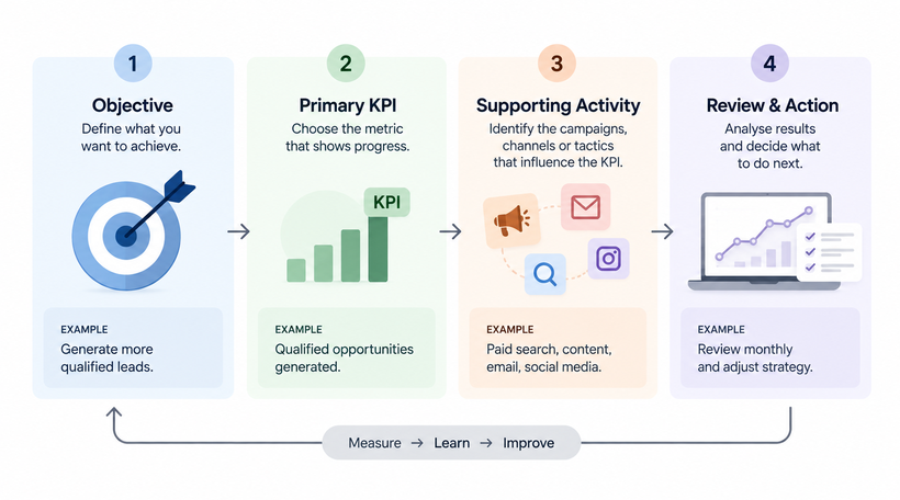 Simple marketing measurement framework from objective to primary KPI, activity and review.