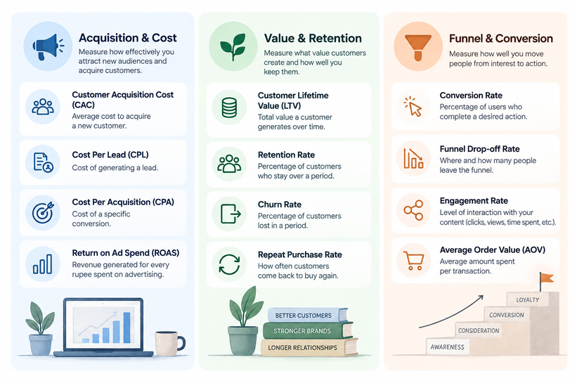 Marketing metrics grouped by acquisition cost, customer value and funnel conversion.