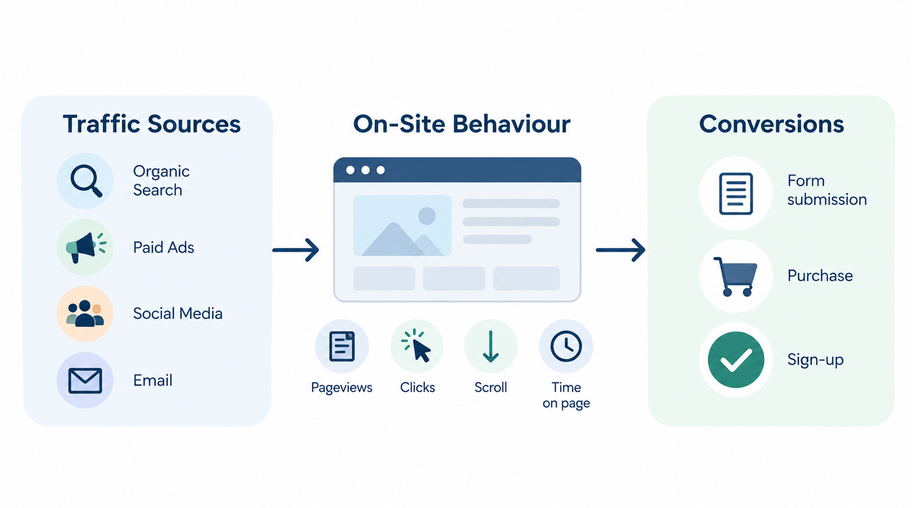 Web analytics metrics from traffic sources through on-site behaviour to conversions.