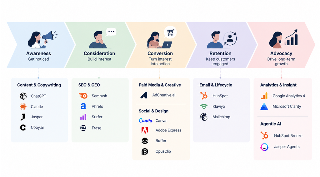 AI marketing tool categories mapped across the marketing funnel from awareness to advocacy