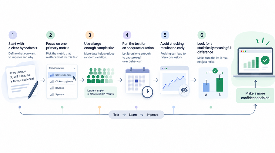 Key factors that make a marketing A/B test trustworthy, from a clear hypothesis and sample size to a reliable final decision.
