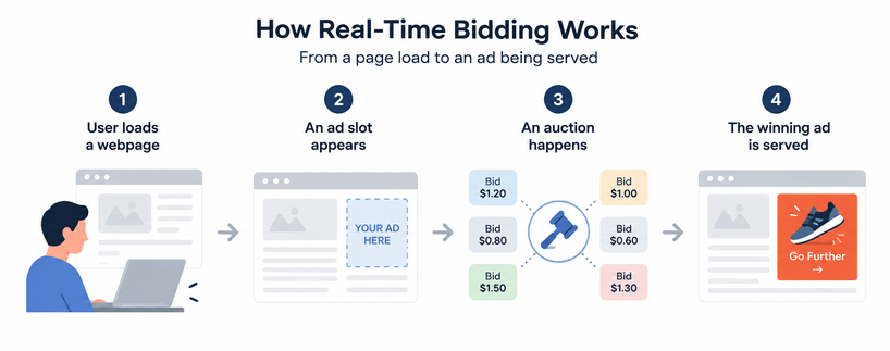 How real-time bidding works, from a user loading a webpage to an ad slot appearing, bids competing in an auction, and the winning ad being served.