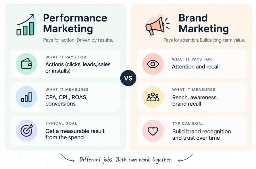 Performance marketing compared with brand marketing: what each pays for and measures.