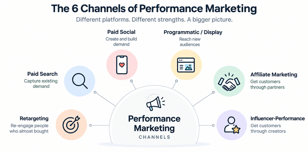 Main performance marketing channels including paid search, paid social, programmatic, affiliate, retargeting and influencer-performance.