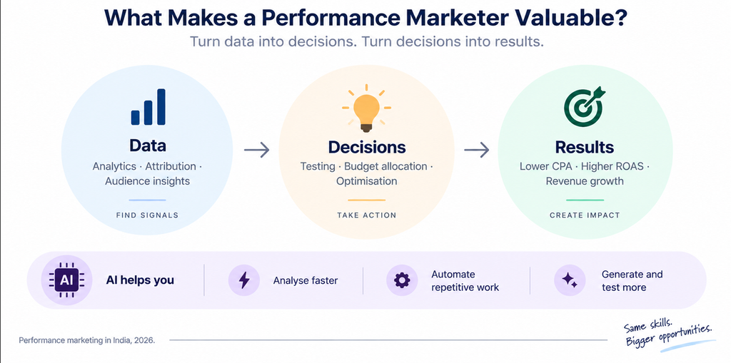Performance marketing workflow showing data, decisions, and results, including analytics, testing, optimisation, CPA, ROAS, and AI tools.
