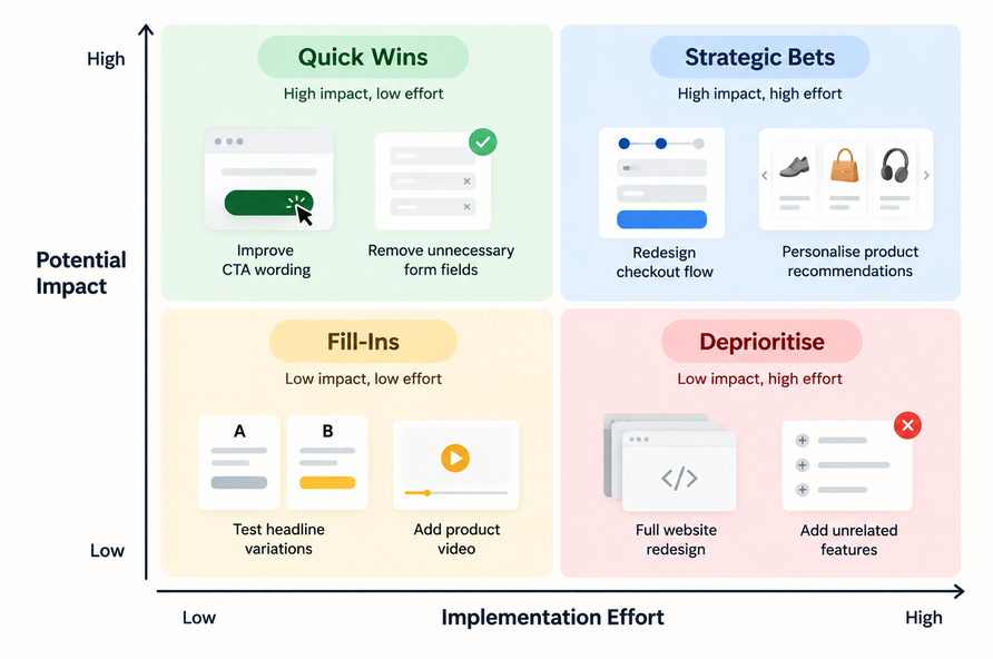 CRO tactic prioritisation matrix comparing potential impact and implementation effort