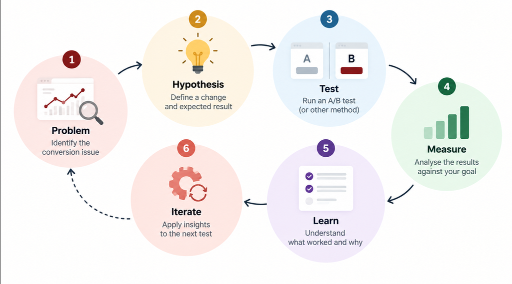CRO testing process from identifying a problem through hypothesis, testing, measurement and iteration