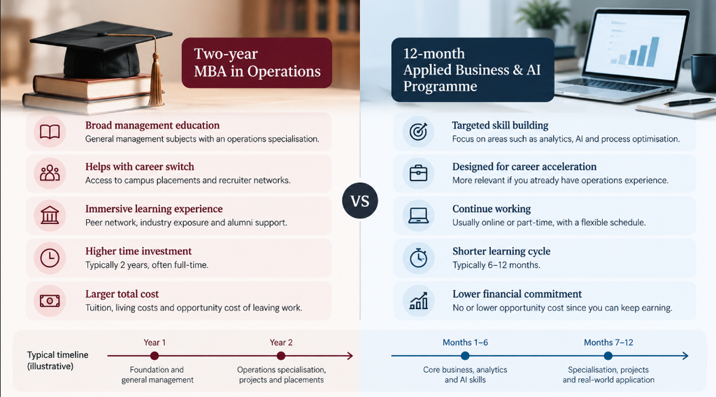 Two-year MBA in operations management vs 12-month business and AI programme comparison