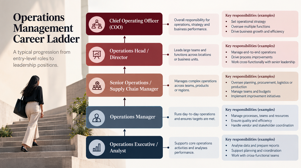 Operations management career path from operations analyst to operations manager, director and chief operating officer