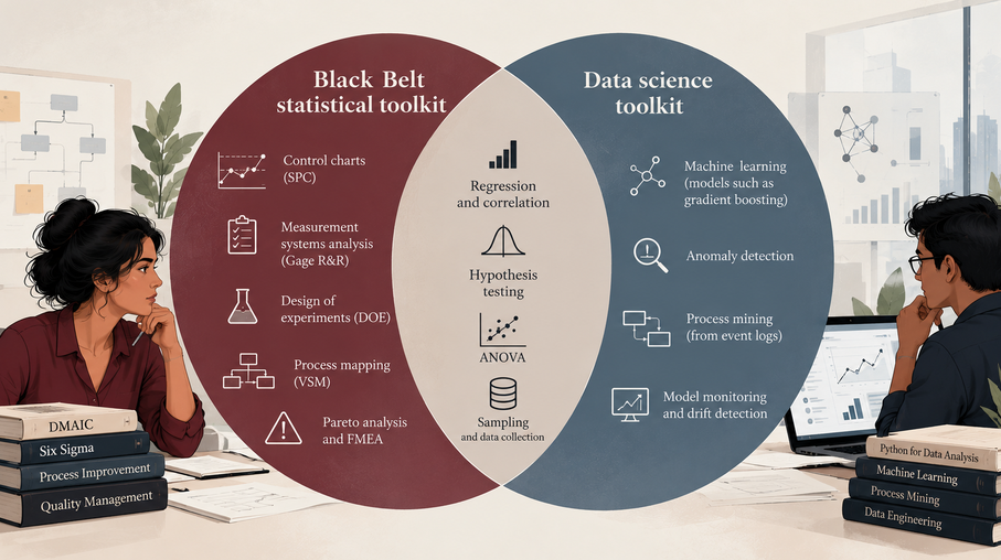 Overlap between the Lean Six Sigma Black Belt statistical toolkit and modern data science methods. 