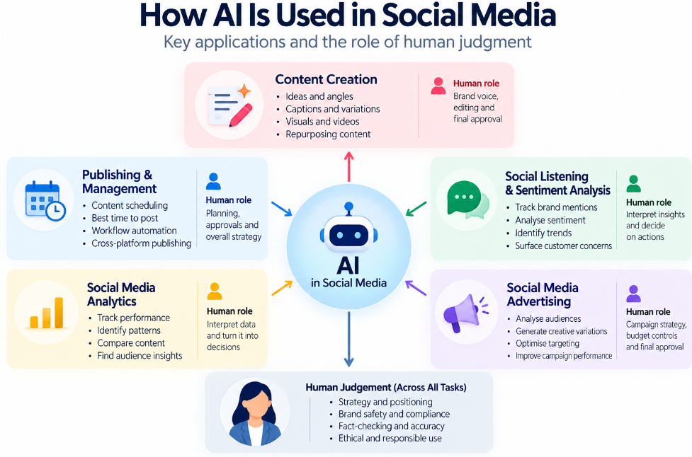 AI applications in social media showing content creation, publishing, social listening, analytics and advertising with human oversight
