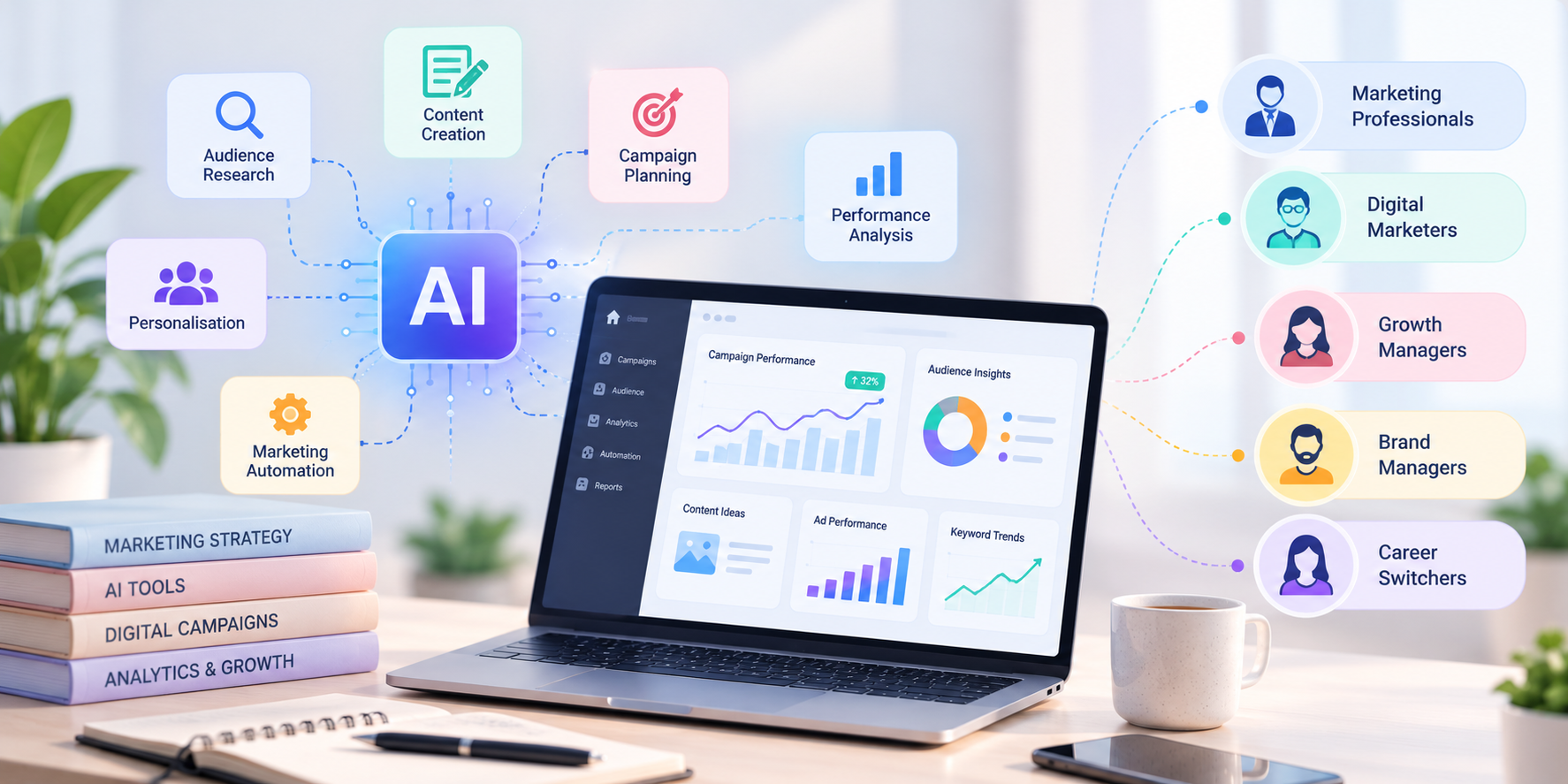 AI-powered digital marketing dashboard showing campaign analytics, audience research, marketing automation and the professional audience that it caters to.