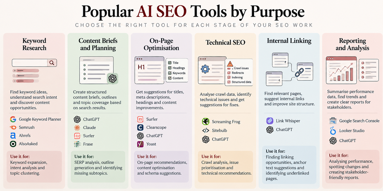 AI SEO tools grouped by purpose, including keyword research, content optimisation, technical SEO, internal linking and performance analysis.