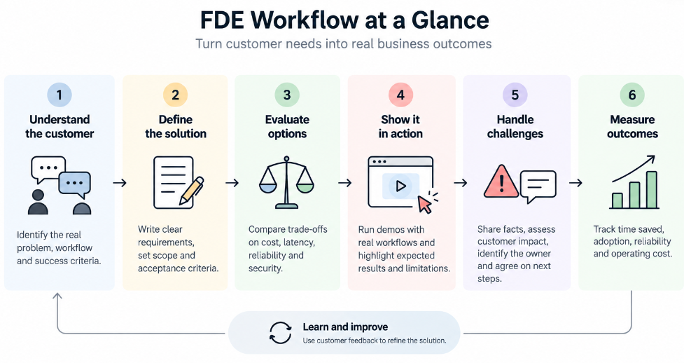 AI troubleshooting decision tree showing how FDEs identify causes of poor answers, including retrieval issues, outdated documents, access permissions and model behaviour.