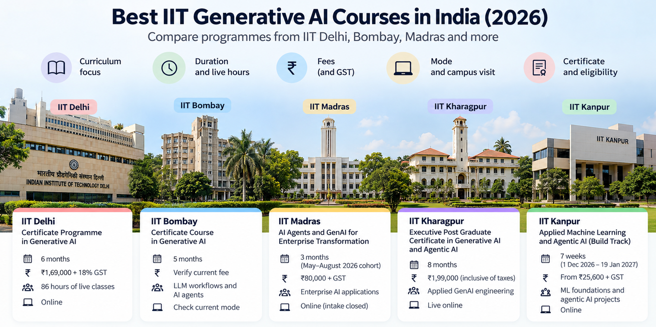 Comparison of IIT Generative AI courses in India for 2026, highlighting programme duration, fees, learning focus and delivery mode at IIT Delhi, IIT Bombay, IIT Madras, IIT Kharagpur and IIT Kanpur.