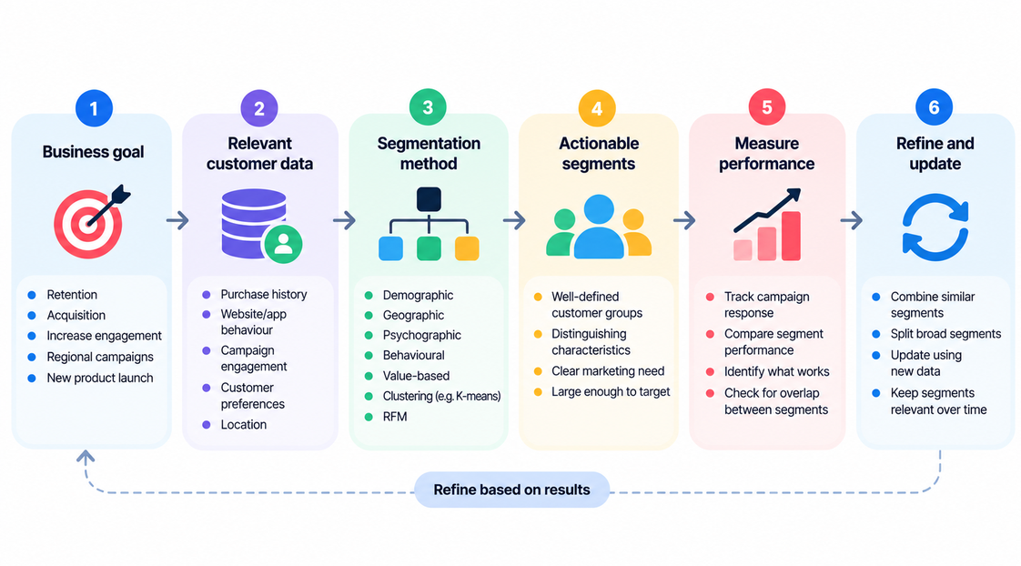 Customer segmentation strategy workflow from business goal to measurable and actionable segments