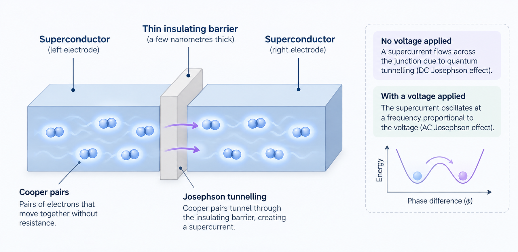 Diagram showing a Josephson junction with superconductors, an insulating barrier, and Cooper-pair tunnelling.