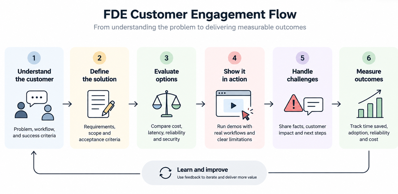 FDE customer engagement flow showing six steps: understand the customer, define the solution, evaluate options, demonstrate the solution, handle challenges, and measure outcomes.