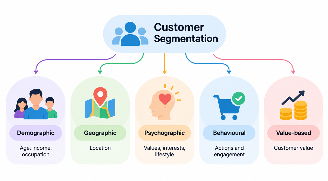 Five types of customer segmentation: demographic, geographic, psychographic, behavioural and value-based