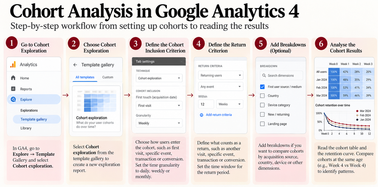 GA4 cohort analysis workflow from defining inclusion and return criteria to selecting time granularity and reading cohort results