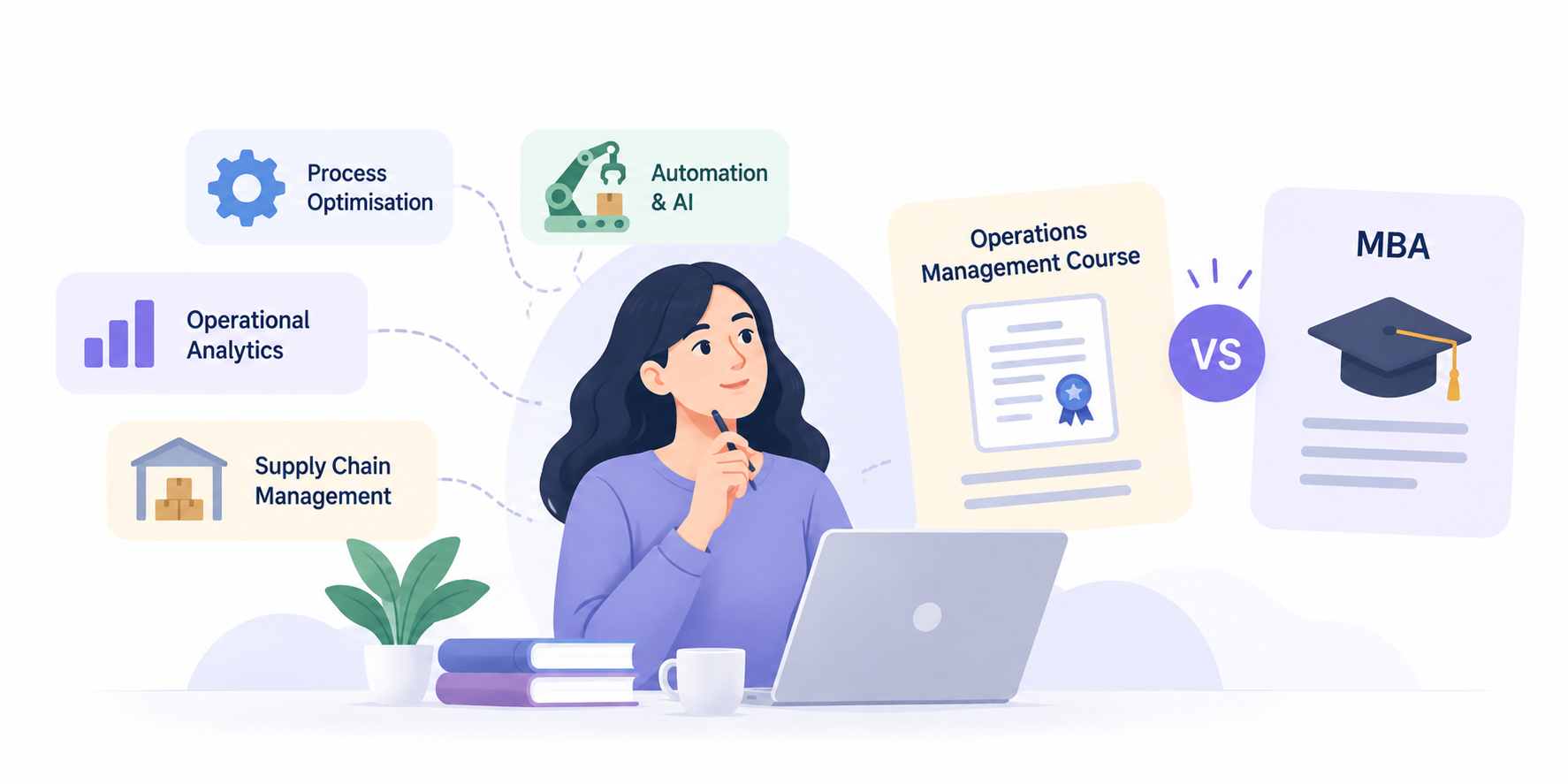 Illustration comparing an operations management course with an MBA, highlighting process optimisation, operational analytics, supply chain management, and AI-powered automation.