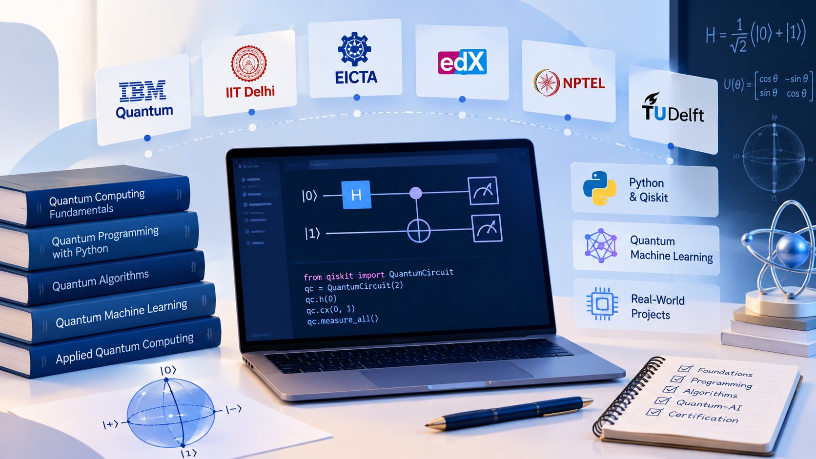 Illustration of online quantum computing courses featuring quantum circuits, Python and Qiskit programming, quantum algorithms, quantum machine learning, and learning resources from IIT Delhi, IBM Quantum, EICTA, edX, NPTEL, and TU Delft.
