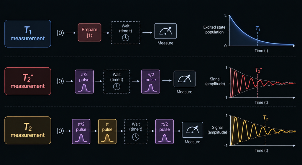 Diagram showing environmental and hardware-related sources of qubit decoherence