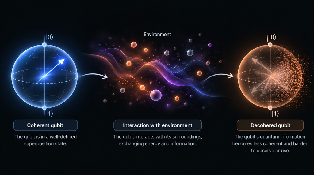 Diagram showing how interaction between a qubit and its environment causes quantum decoherence 