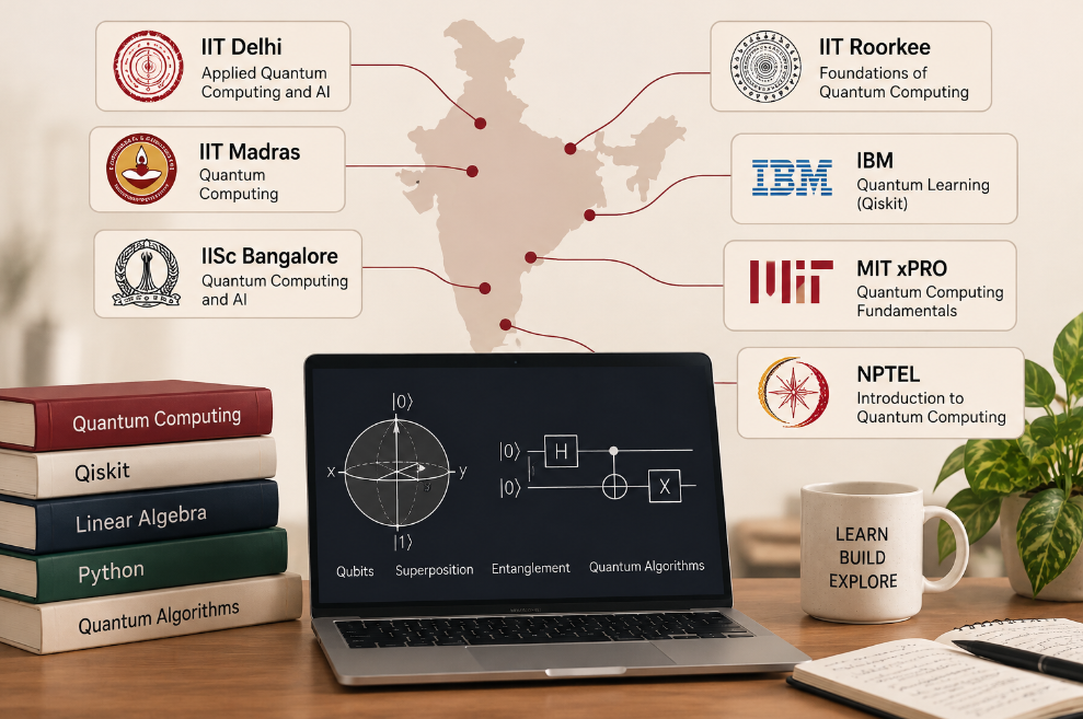 Infographic comparing quantum computing learning options from IIT Delhi, IIT Madras, IISc Bangalore, IIT Roorkee, IBM Quantum Learning, MIT xPRO and NPTEL.