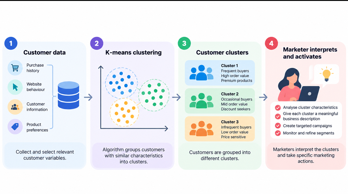 K-means clustering process for grouping customers into similar segments