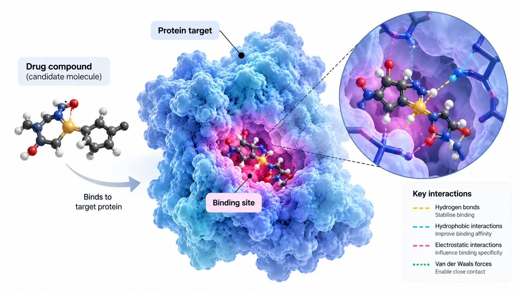 Molecular visualization of a candidate drug compound interacting with a protein target at its binding site, illustrating drugโtarget interactions in molecular simulation.