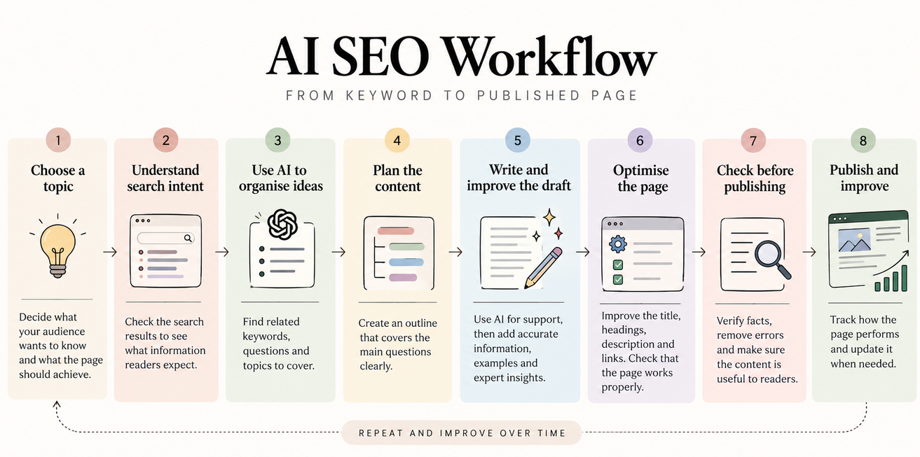 Overview of AI applications in SEO, from keyword research and content briefs to on-page optimisation, technical SEO, internal linking and reporting.