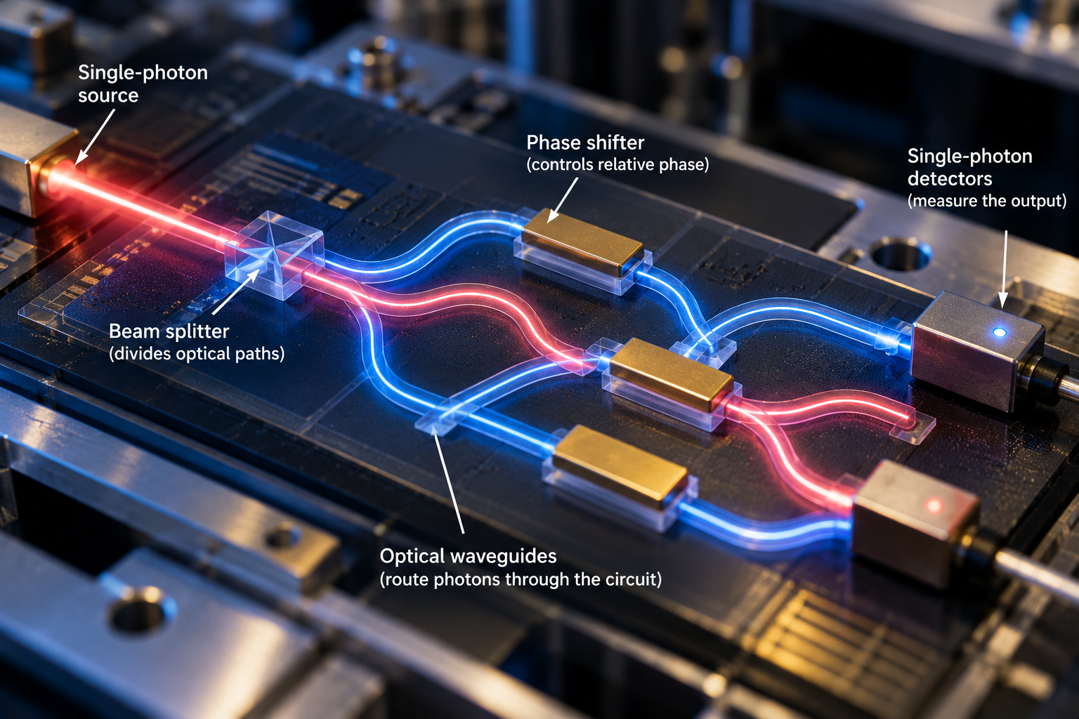 Photonic quantum processor showing photons travelling through optical waveguides, beam splitters and phase shifters for quantum information processing.