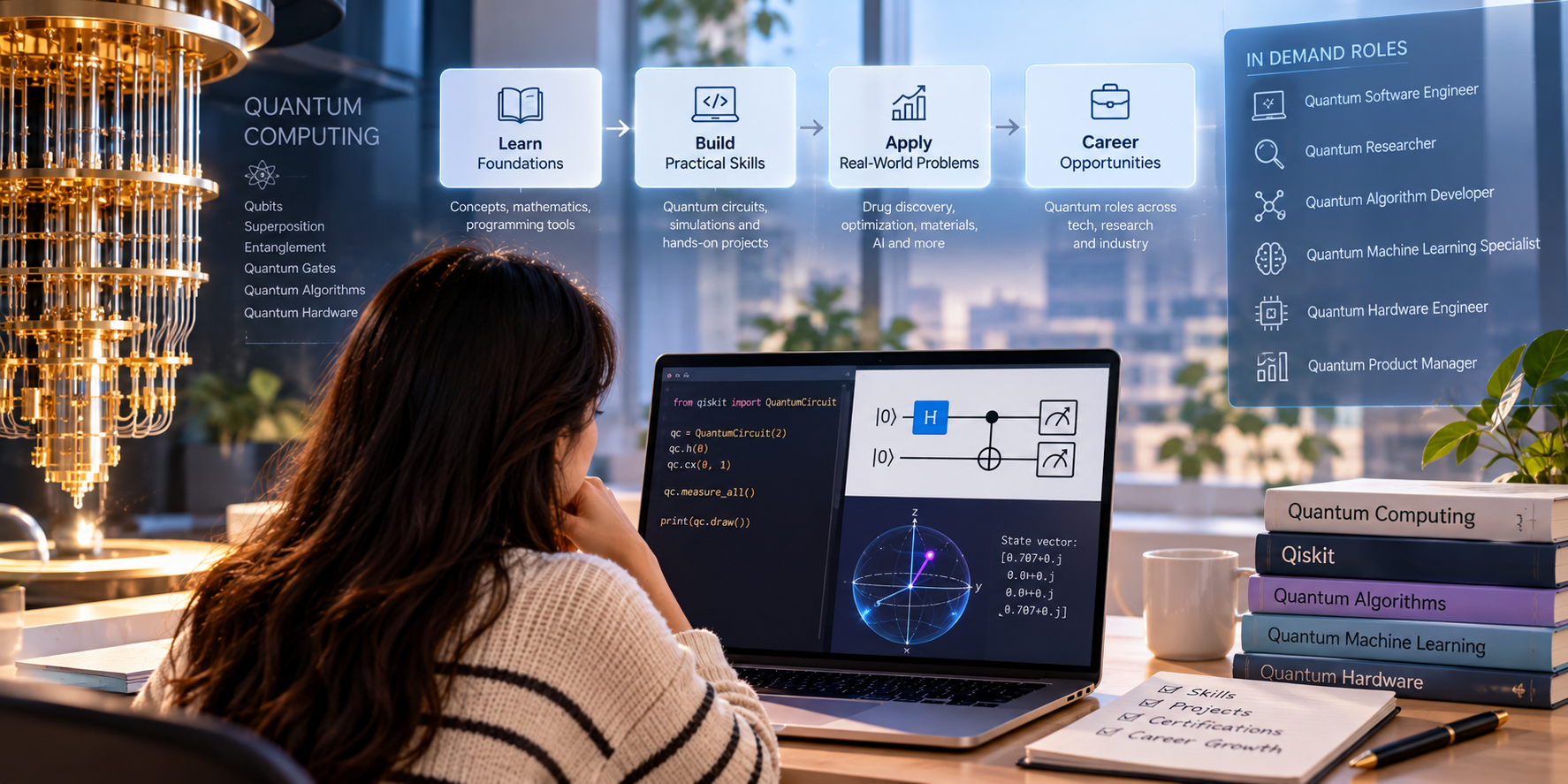 Quantum computing concepts, circuit programming and a quantum processor alongside a learning-to-career pathway highlighting practical skills and employer-relevant quantum computing roles.