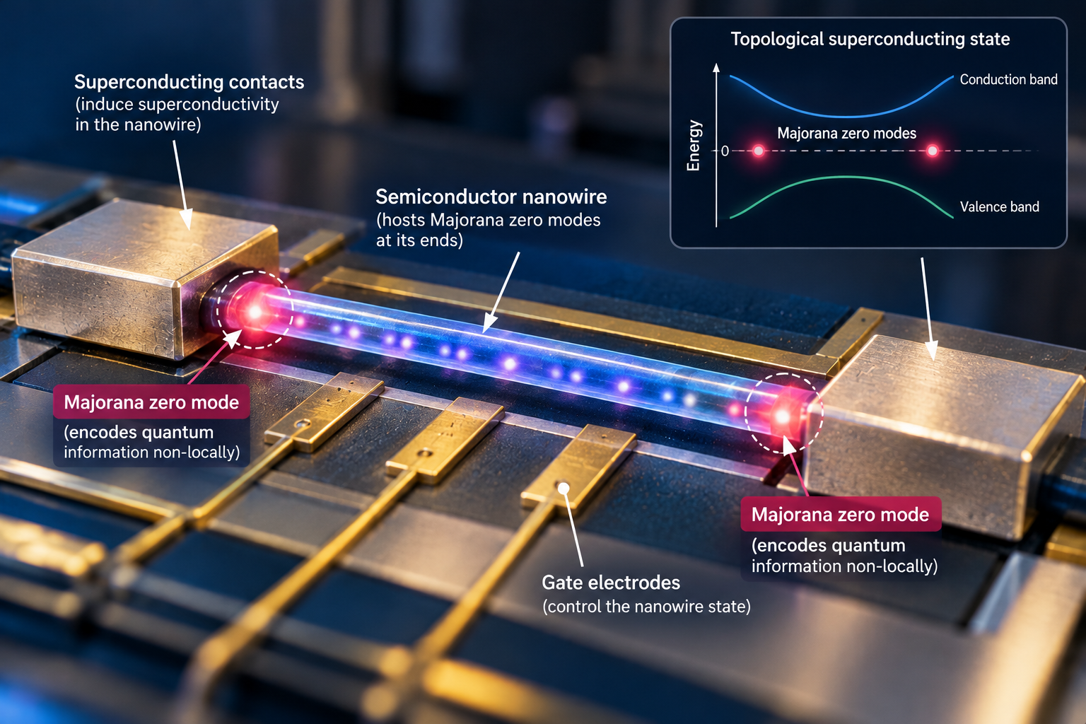 Scientific schematic of a semiconductor nanowire showing proposed Majorana zero modes in a topological qubit device.