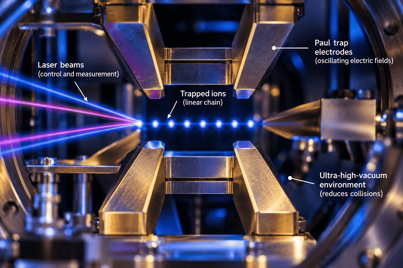 Trapped-ion quantum computer showing ions confined in a Paul trap and controlled by laser beams.
