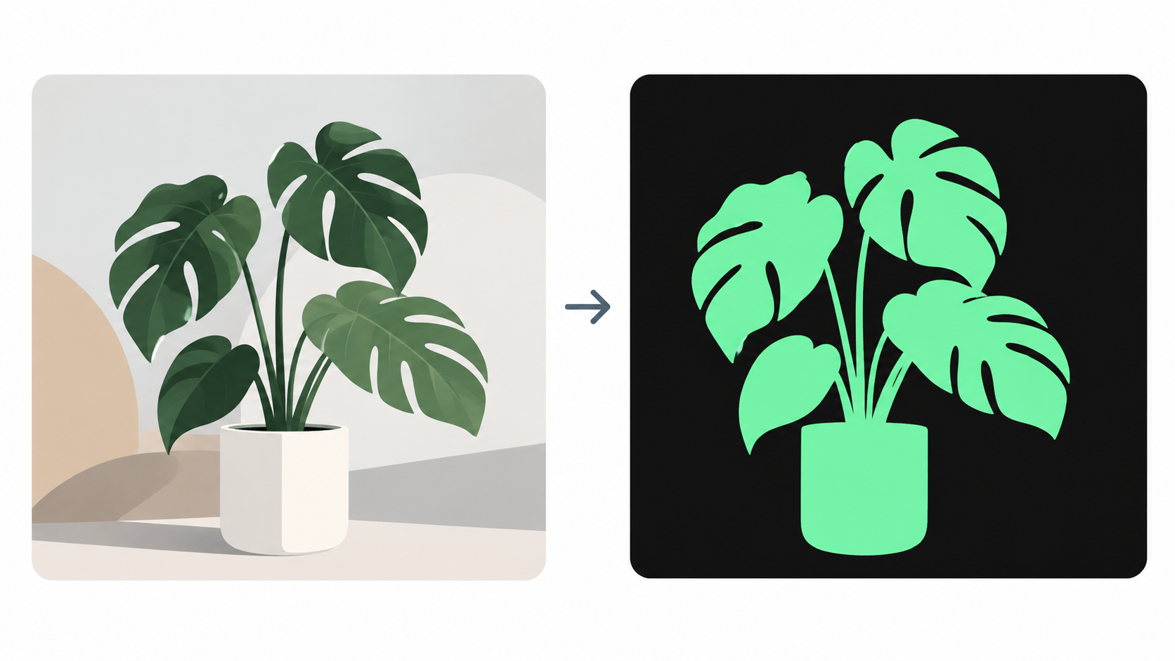 Visual comparison of an original potted plant image and its segmentation mask, with the plant isolated as a solid green silhouette against a black background.