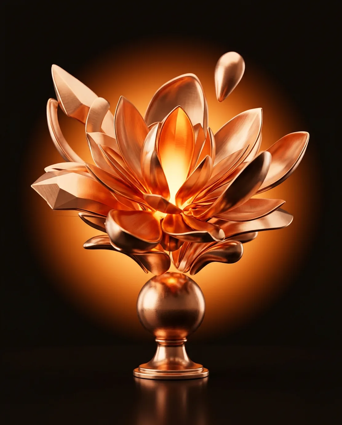 Copper forms bursting upward like a flower opening