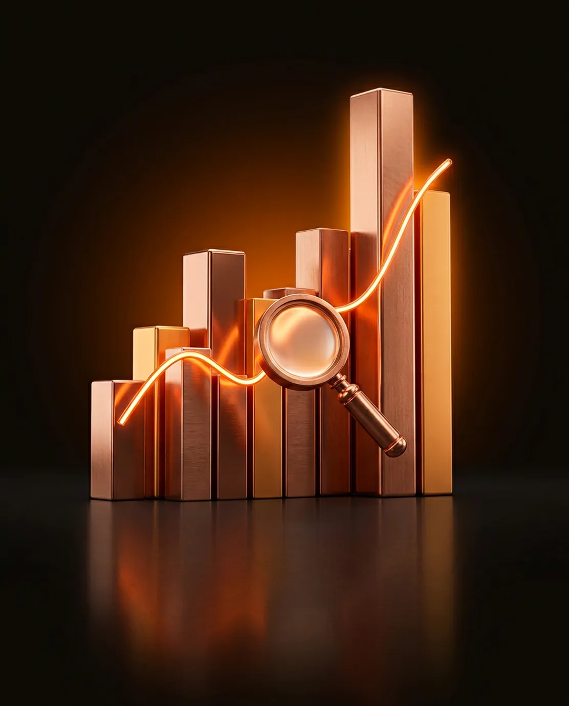 Copper bar chart with a glowing trend line and magnifying glass