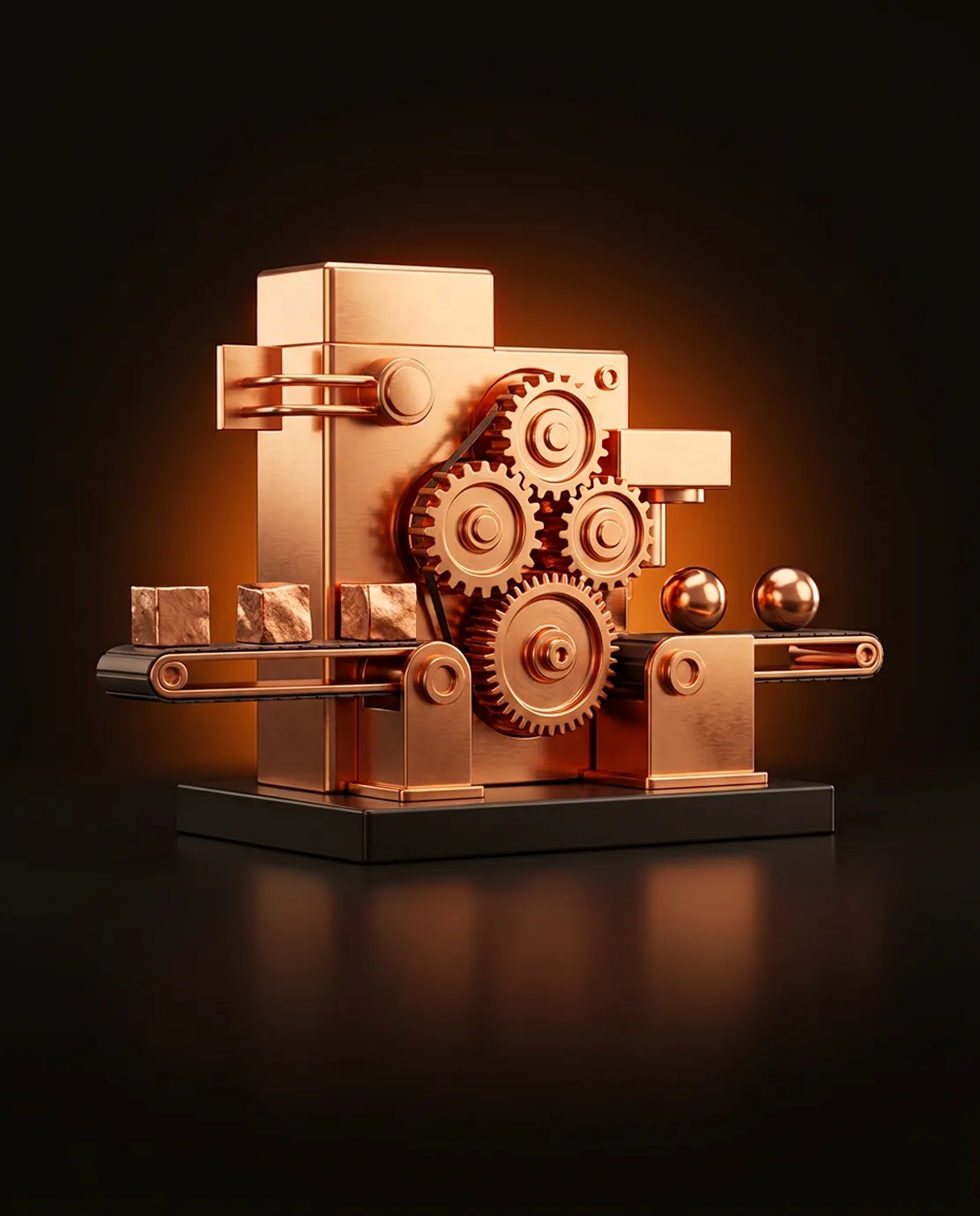 Copper machine turning raw cubes into polished spheres