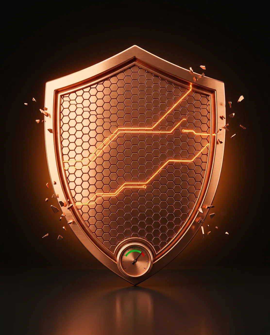 Copper hexagonal shield with a steady glowing circuit line