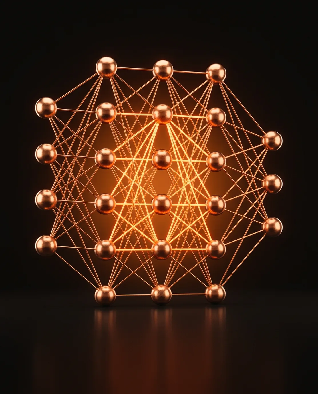 Layered copper neural network with glowing connections
