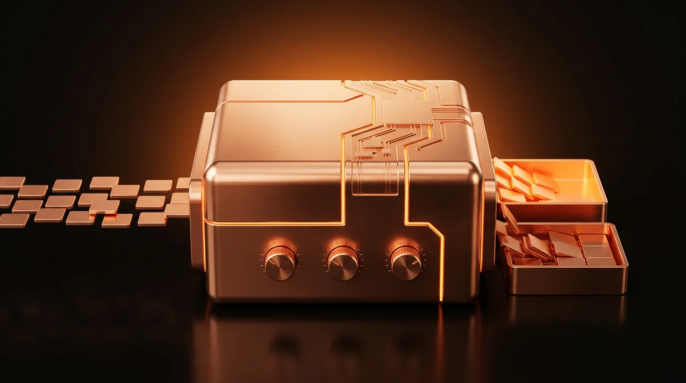 Copper transformer block with tuning dials sorting tiles into two trays