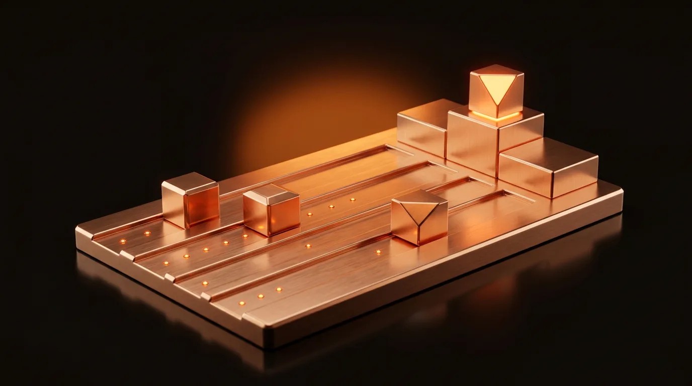 Copper blocks racing on lit lanes towards a podium