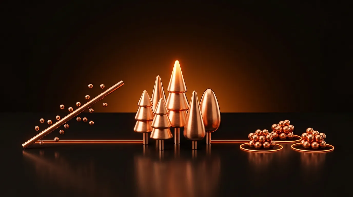 Copper regression rod, tree ensemble and bead clusters in glowing rings
