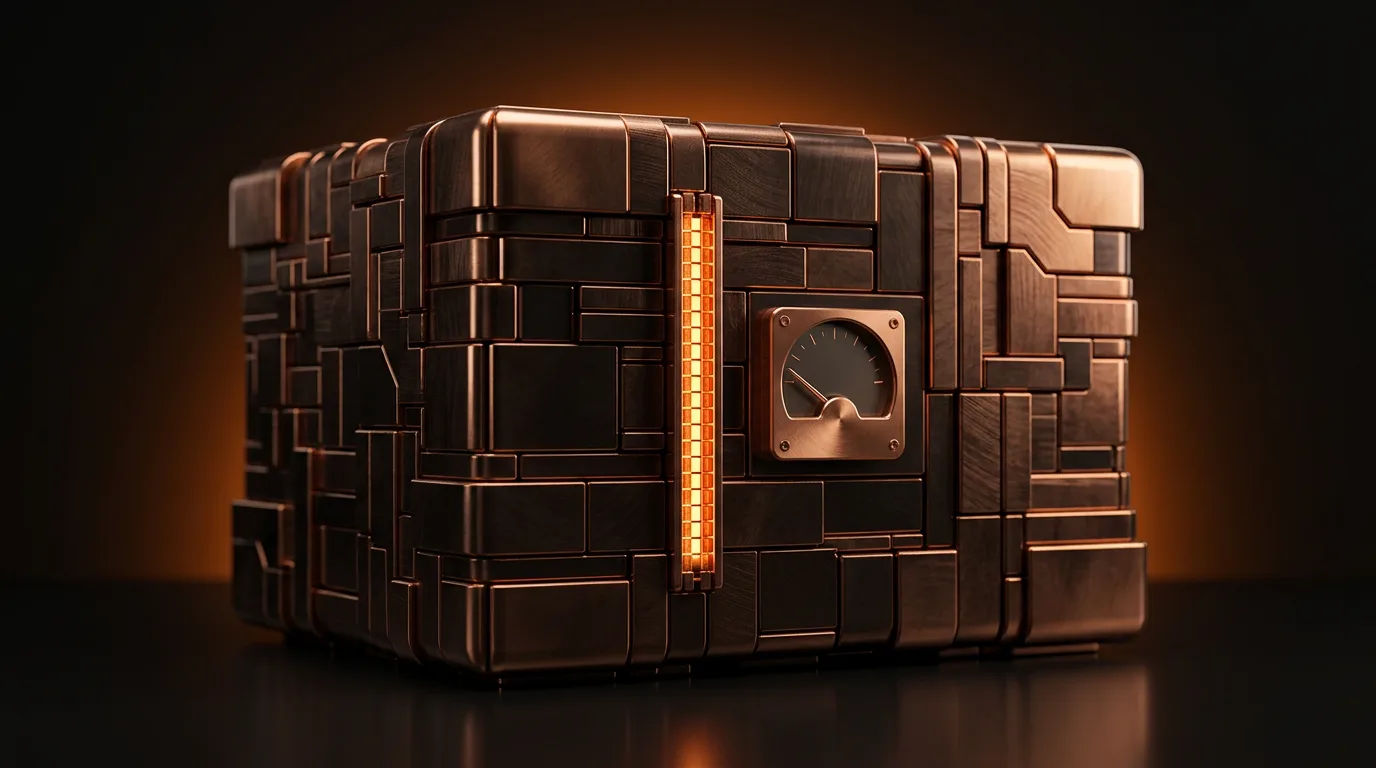 Large copper monolith with one thin glowing adapter strip and a low gauge