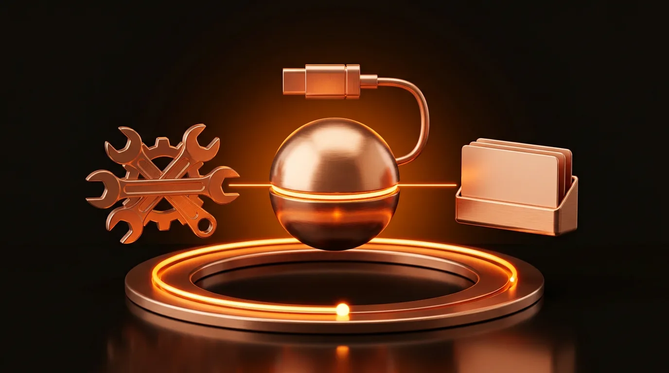 Copper orb agent on a loop track, linked to tools, memory cards and a connector