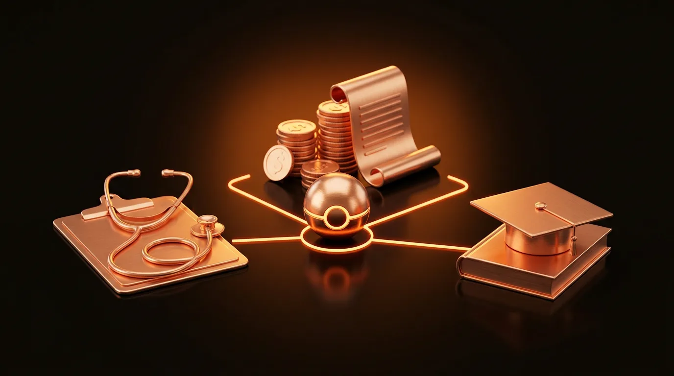 Copper agent orb linked to healthcare, finance and education objects