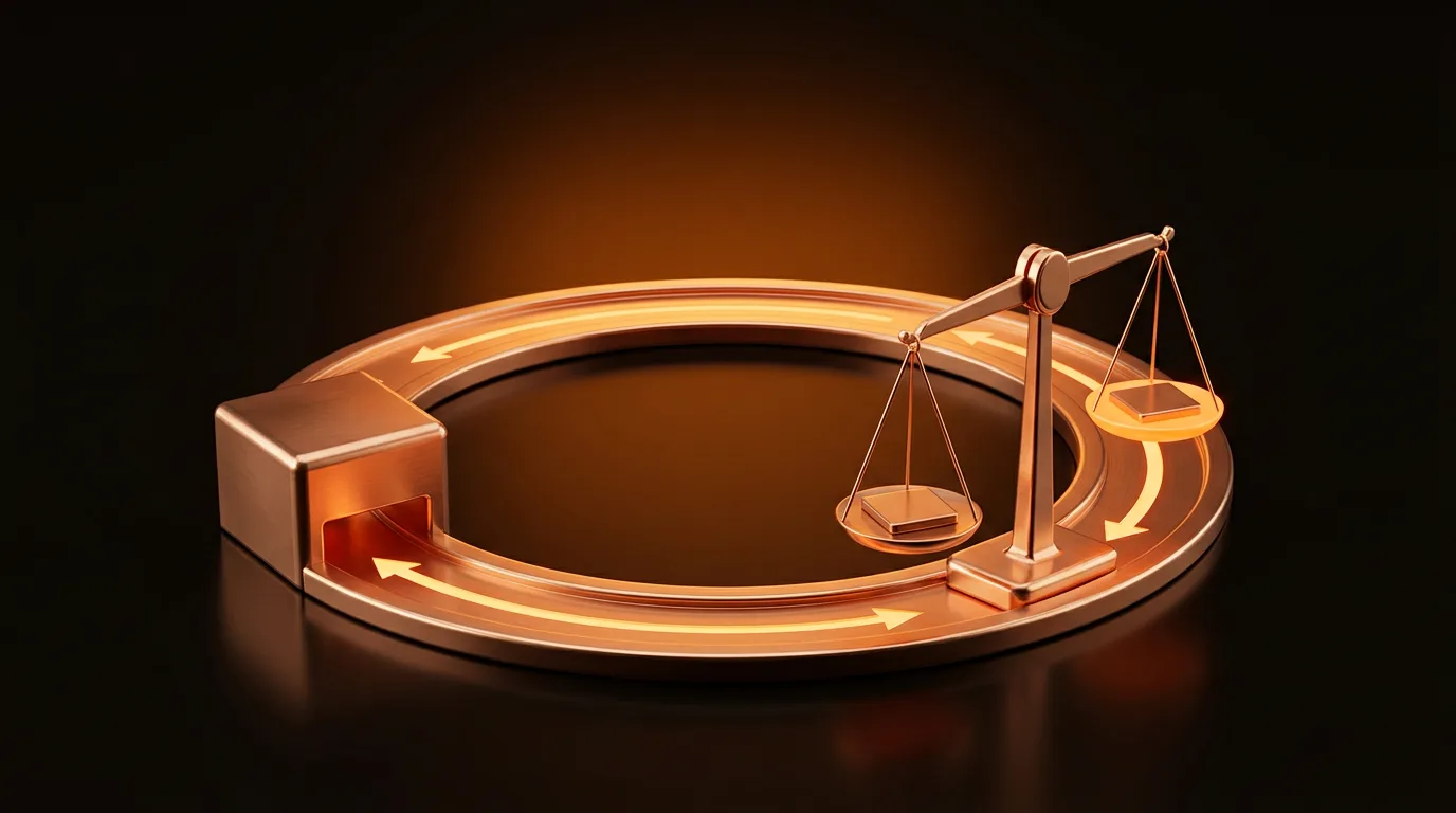 Copper feedback loop track with a balance scale feeding a model block